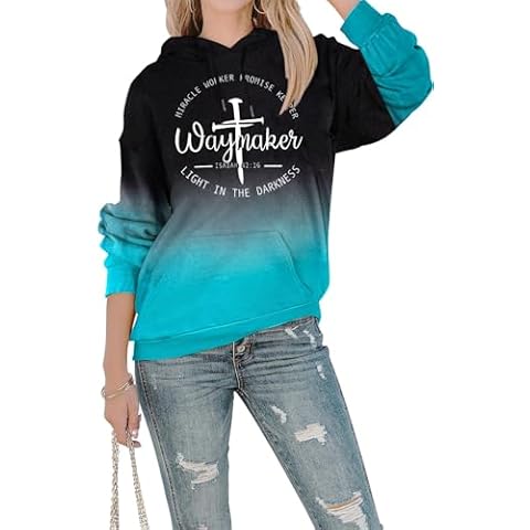 FASHGL Women Waymaker Sweatshirt Miracle Worker Promise Keeper Hoodie Christian Faith Pullover Hooded Long Sleeve Top Bleached Blue Cover
