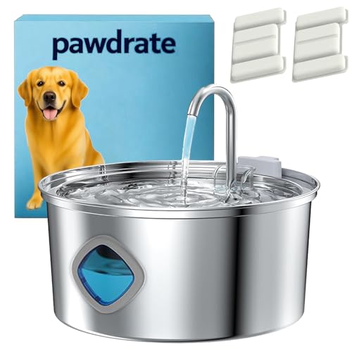 Pawdrate Dog Water Fountain, 3.2L/108oz Filtered Dog Water Bowl Dispenser, Wired Automatic Circulating Quiet No Spill Water Bowl with Quadruple Filtration for Small Dogs & Cats (2 Filters, 3.2L)