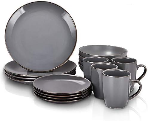 16 Piece Round Dishes Dinnerware Sets, Glossy Gray with Gold Trim Ceramic Dinnerware Sets, Porcelain Dinnerware Sets for Everyday Use, Service for 4
