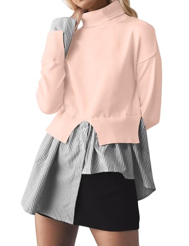 Image of MISSACTIVER Women Slit Turtleneck Patchwork Sweater 2 in 1 Buttons Down Pullover Knit Sweater Asymmetrical Hem Shirt Top