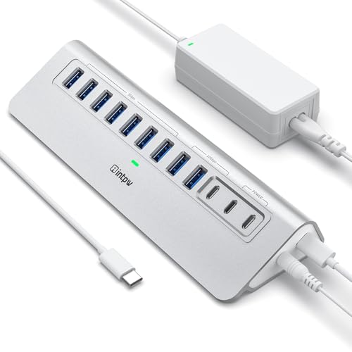 YH9AC Powered USB Hub 10Gbps, intpw 12 Port USB C Hub with 10Gbps USB C 3.2+2 USB A 3.2, 7 USB 3.0, 2 PD 45W Charging Port, 65W Power Adapter + 3.3FT Cable, Aluminum USB Hub for Laptop/iPhone 17/16/PC