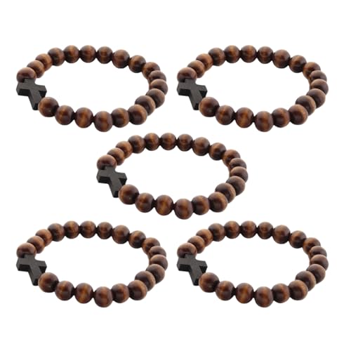 Operitacx Pulsera de Cuentas de Madera con Cruz Cristiana, Diseño Ligero y Cómodo, Set de 5 Piezas Adecuado para Compartir con Familia o Personas en Navidad