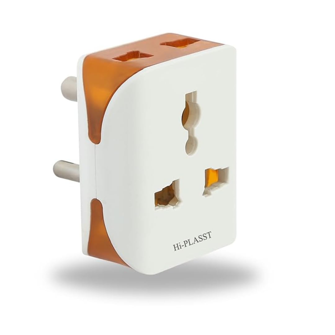 hi plasst pins n plugs Hi-Plasst (Pack of 2) Universal 3-Pin Multi Plug with Type D Socket – 2X 2-Pin & 1x 3-Pin Outlets, US/UK/EU to India Travel Converter Plug, 6A for International Devices (White & Orange)-picture-26