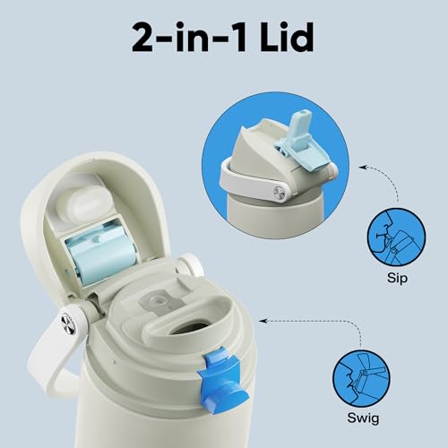 Image of Insulated Water Bottle with Straw - Encool Stainless Steel Water Bottle with Push Button Lid, Leak-Proof & BPA-Free, Keeps Cold for 24 Hours for Sports, Travel, Gym (24 oz, Kangaroo Grey)