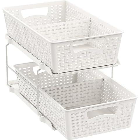 Simple Houseware 2 Tier Bathroom Organizer Tray Pull-Out Sliding Drawer/Under-Sink Storage, White Cover