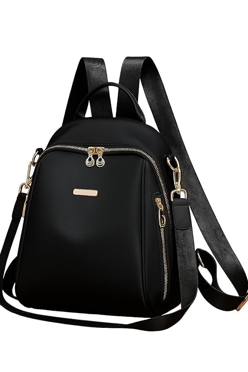 Fashion Mini Backpack Purse for Women, Black Nylon with Gold Hardware, Convertible Shoulder Bag with Multiple Compartments