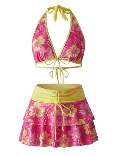 Maillot de bain halter 3 pièces avec jupe pour sculpter la silhouette