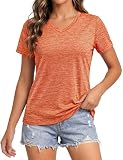 MAGCOMSEN Womens Workout Tops V Neck Sun Protection Workout Shirts Quick Dry Jogging Tee Tops, Orange L