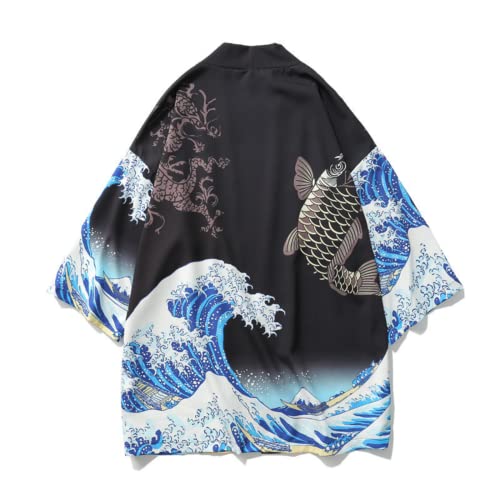 Men Japanese Vintage Short Sleeve Cardigan The Great Wave Off Kanagawa Beach Painting Harajuku Kimono Casual Alt Tops