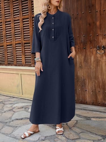 Image of Celmia Autumn Solid Loose Long Maxi Dress Cotton Caftan