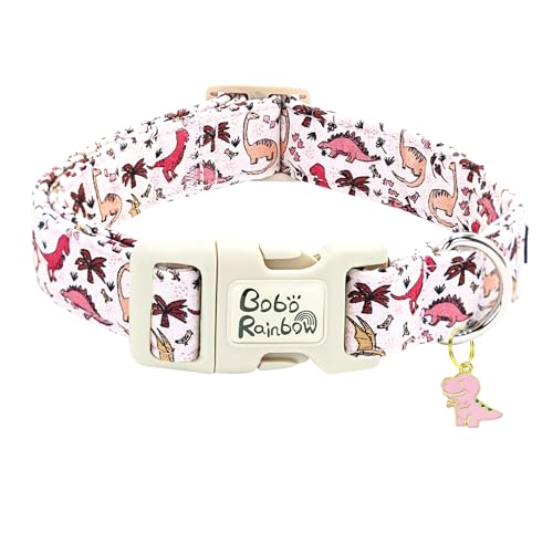 Image of Dog Collar-Pink Dinosaur Print Adjustable Pet Collars Cute Soft Comfortable Cotton Puppy Collar Durable Gift for Small Dogs