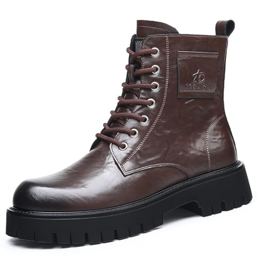 Men's Genuine Leather Lace Up Chunky Platform Combat boots Comfort Round Toe Non-Slip lug sole Motorcycle Ankle Boots with Side Zipper