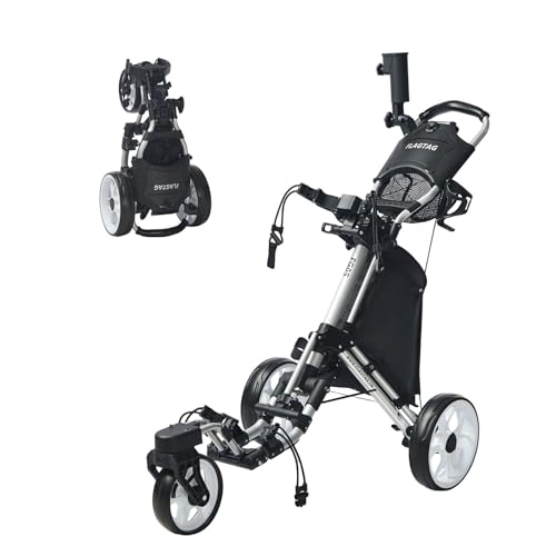 FLAGTAG Golf Push Cart 3 Wheel with 360 Swivel Front Wheel,Lightweight and Foldable Walking Golf Cart，One-Click Foldable,with Foot Brake