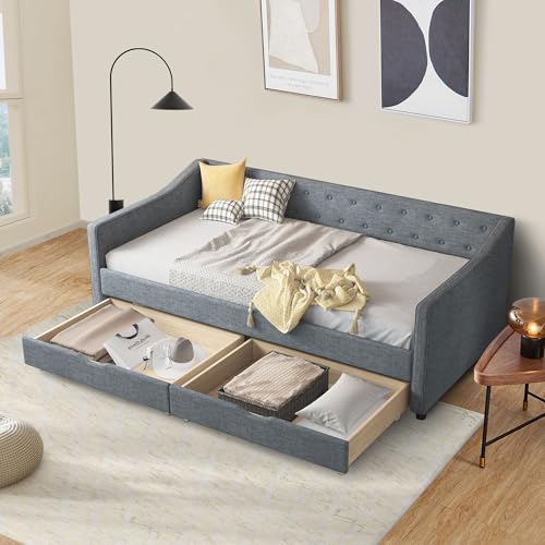 FAVSH Twin Size Upholstered Daybed with Two Storage Drawers,Tufted Sofa Bed w/Button on Back and Piping on Waved Shape Arms for Bedroom Guest Room, No Box Spring Needed,Light Grey