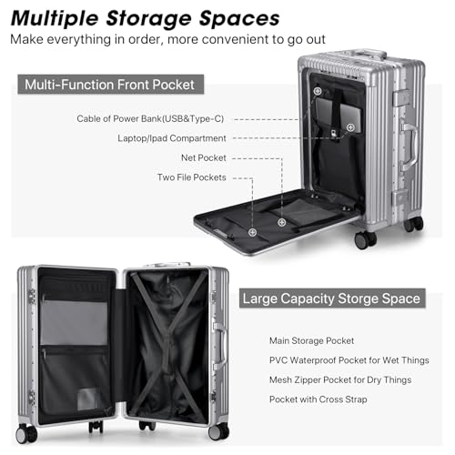 MRPLUM Front Pocket Carry On Luggage,PC Hardside Spinner Wheel Suitcase with TSA Lock,Cup Holder,Phone Holder&USB Charging Port,Silver(1 Piece)3