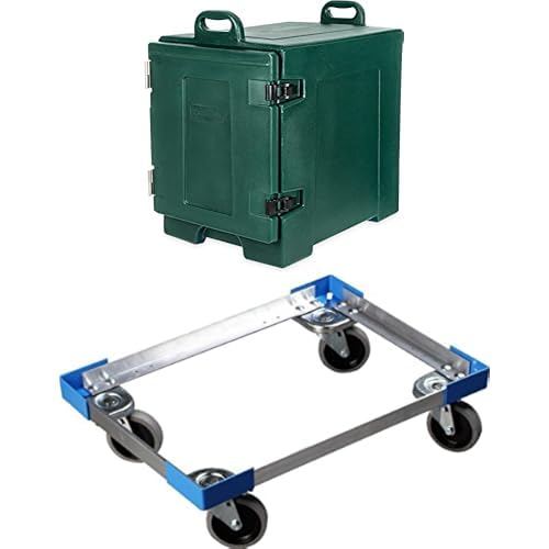 Carlisle FoodService Products Cateraide Insulated Front Loading Food Pan Carrier with Handles, Plastic, 5 Pans, Forest Green + Dolly with Reinforced Corners for Catering and Events, Aluminum, Silver