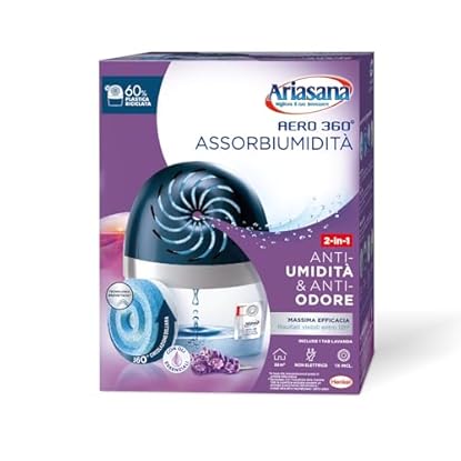 Foto di Ariasana Aero 360° kit assorbiumidità, deumidificatore ricaricabile non elettrico, assorbi umidità contro condensa e muffa, 1 dispositivo e 1 ricarica Tab lavanda da 450g