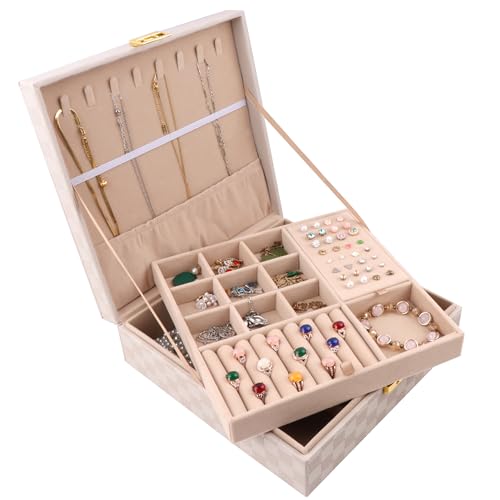 Homeanda Grande portagioie da donna a 2 strati con chiave, organizer per gioielli in pelle PU per anelli, orecchini, collane, bracciali, orologi (bianco)