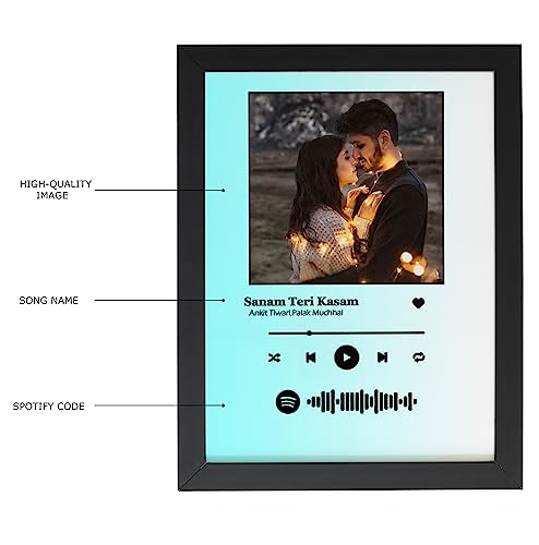 Image of Personalized Premium Print Music Rectangular Frame - Wall Mount with Photo Upload & Scannable Spotify QR Code - Synthetic Frame with Plaxiglass - 8x10 Inch - Turquoise & White
