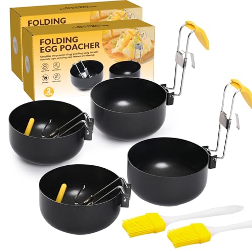 2025 New Egg Poacher, Folding Poached Egg Maker Egg Cooker with Brush, Egg Ring Collapsible Hang Egg Boiler, Kitchen Gadgets Non-stick Egg Poacher for Perfect Boiled Eggs for Kitchen Tool (4-Pcs)