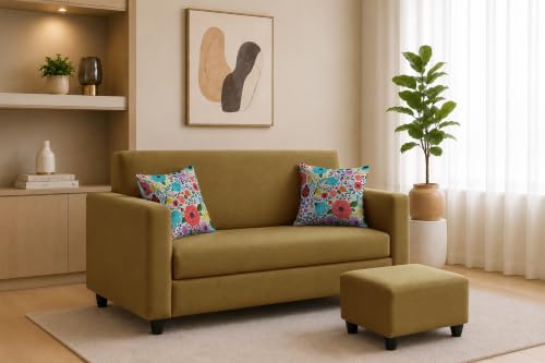 Image of Rosebell 2 Seater Sofa with Ottoman | Living Room Couch | with Printed Cushions | Sofa for Home, Apartment & Office-Golden Color