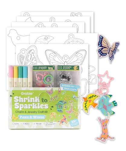 Grabie DIY Shrink Art Craft Kit Jewelry Making Kit for Kids Adults 25+ Pre-Cut Shapes 5 Dual-Tip Markers Custom Charms Pins Rings Keychains (Paws & Wings - Creative Freedom)