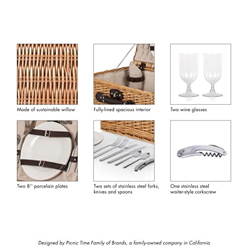 Image of PICNIC TIME Classic Picnic Basket for 2, Romantic English-Style Wooden Wicker Basket with Deluxe Service for 2, Fully-Lined Interior, Leatherette Lid-Locking Buckle, and Carry Handle, (Beige Canvas)