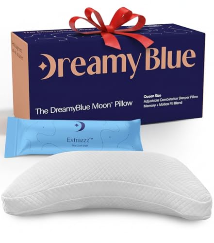 DreamyBlue Moon Pillow • Adjustable Loft, Luxury Cover, Shredded Memory Foam • for Back, Side and Combination Sleepers • Neutral Alignment for All • CertiPUR-US Certified Foam (Queen)