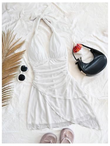 Image of SOLY HUX Women's Y2K Summer Beach Halter Mini Dress | Retro Floral Dress, V Neck, Backless, Club Nightout, Sexy Going Out Clothes, Birthday Dress
