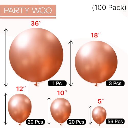 Image of PartyWoo Rose Gold Balloons 100 pcs Different Sizes of 36 18 12 10 5 Inch Gold Balloon Arch Kit Garland for Birthday Graduation Bachelorette Bridal Shower Wedding Party Decorations Rose Gold-G107