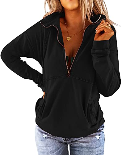 Image of Floral Find Women's Long Sleeve Lapel Half Zip Up Sweatshirt Solid Stylish Loose Fit Casual Pullover Tops