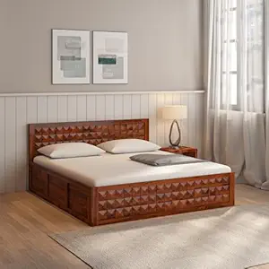 wakeup INDIA Pluto Sheesham Solid Wood King Size Bed with Storage | Rosewood Bedroom Double Cot | Noise Free | Zero Partner Disturbance (Compartment-4, Size-78X72 Inches, Dark Brown)