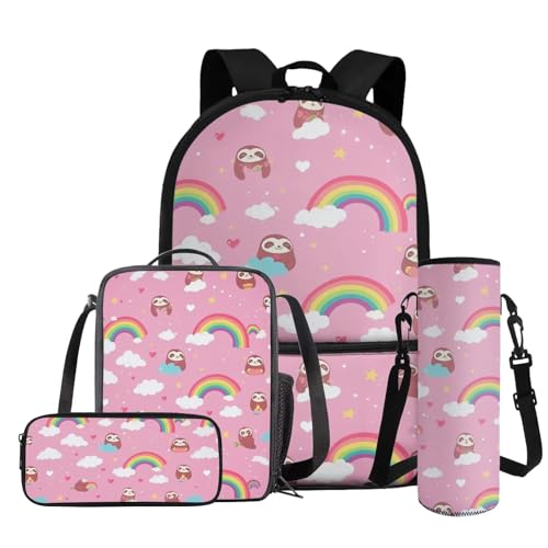 Rainbow Sloth Girls Backpack for Kids Elementary School Backpack Large Capacity Backpack and Lunch Box for Girls Cute 3rd Grade Kids Bookbag 4 in 1 Schoolbag Set