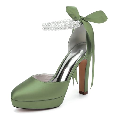 LRMYMHY Mujer Zapatos De Plataforma De Boda para Novia Punta Cerrada Perlas Y Correa En El Tobillo Zapatos De Salón para Vestido De Fiesta,Military Green,36 EU