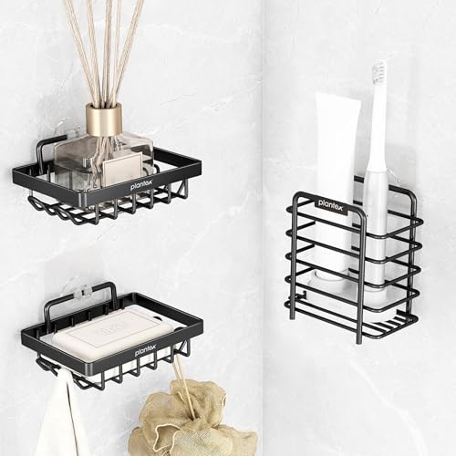 Image of Plantex GI Steel Bathroom Accessories /Soap Dish for Bathroom /Tumbler Holder /Soap Stand /Case for Wall - Black, Combo