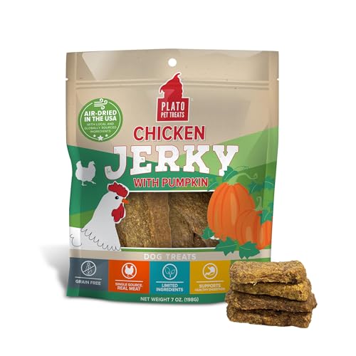 PLATO Pet Treats Dog Treats - Air-Dried Jerky for Dogs - Delicious, Real Meat Dog Treats - Grain Free - Supports Healthy Digestion - Chicken Jerky with Pumpkin 7oz