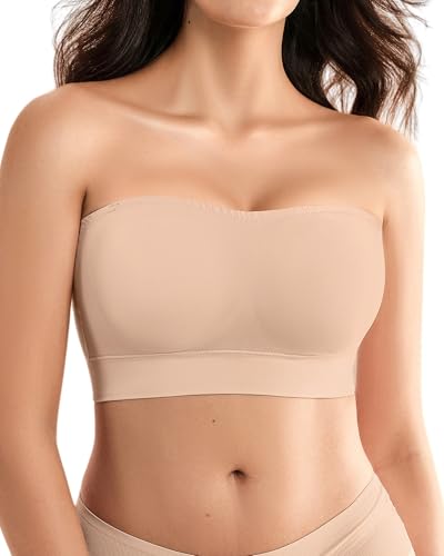 Trägerloser BH Damen ohne Bügel 2026 Nahtloser Push-Up Bandeau BH ohne Träger mit Rutschfestem Silikon Strapless Bra als Bralette & Tube Top Gepolsterter Bügelloser BH für Damen Hautfarben M