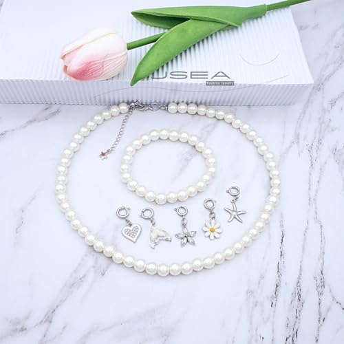 JSEA 8mm Faux Pearl Necklace Elastic Bracelet Jewelry Set Beige White Pink Fake Pearl Jewelry2