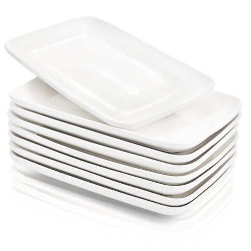 Foraineam 8 Pieces Rectangular Plates 8 Inch Porcelain Platters, Dessert, Appetizer, Salad Plates White Serving Trays