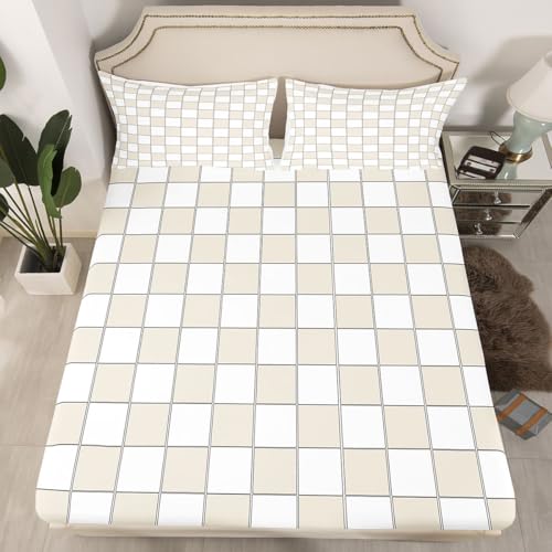 Image of Erosebridal Plaid Bed Sheets Full Beige White Checkerboard Sheet Set Geometric Checkered Bedding Set for Kids Boys Girls,Aesthetic Grids Fitted Flat Sheets 4 Piece