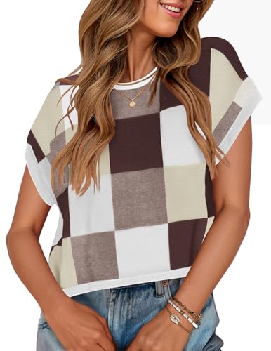 Image of ZESICA Women's Summer Trendy Knit Top 2026 Floral Print Short Sleeve Crewneck Loose Fit Sweater Vest Going Out Clothes