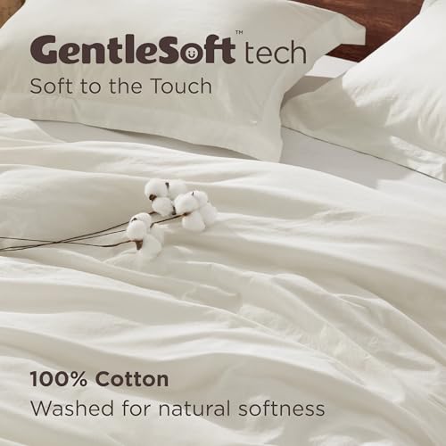 Bedsure 100% Washed Cotton Duvet Cover Twin Size - Cream Minimalist Cotton Duvet Cover Linen Like for All Seasons - GentleSoft™ Plain Simple Bedding (Cream, Twin, 68"x90")