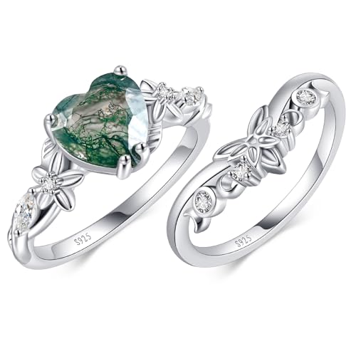 Heart Gemstone Rings 925 Sterling Silver Wedding Rings Moss Agate/Opal/Cubic Zirconia Promise Rings For women Size 5-92