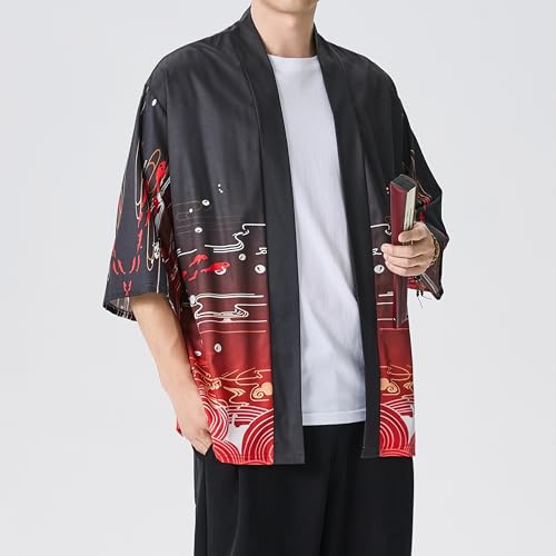 Image of PRIJOUHE Men's Lightweight Kimono Jacket Seven Sleeve Open Front Cardigan Coat Japanese Style Bathrobe