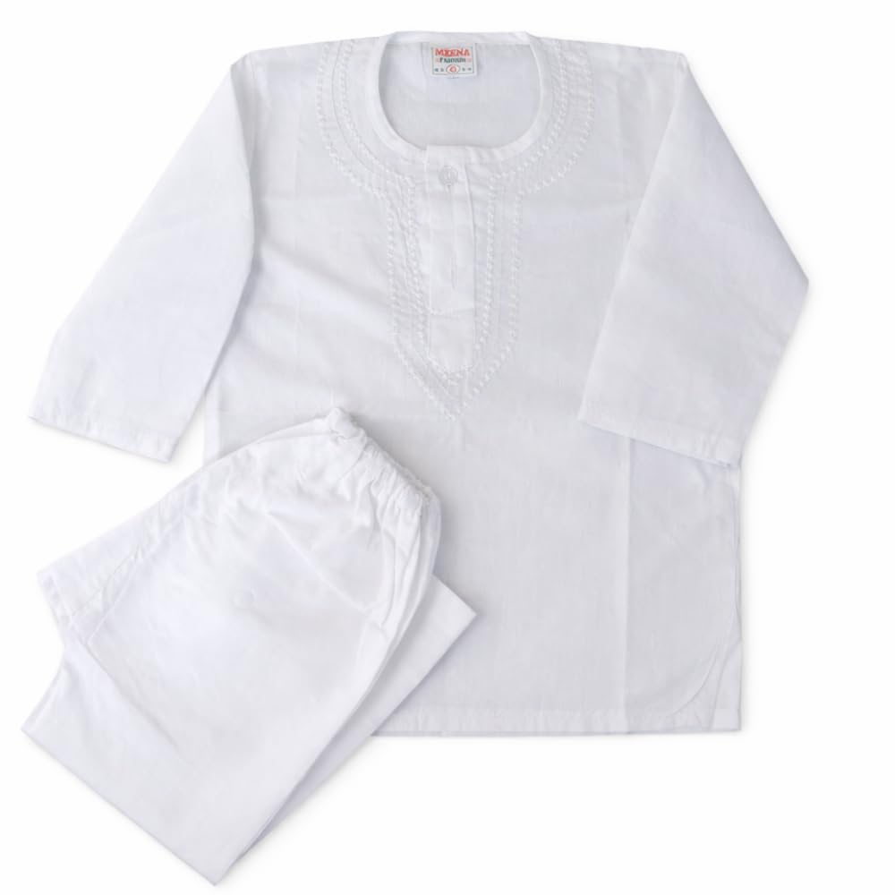 White Cotton Kurta Pajama for Baby Boys, Embroidered Ethnic Wear-picture-29