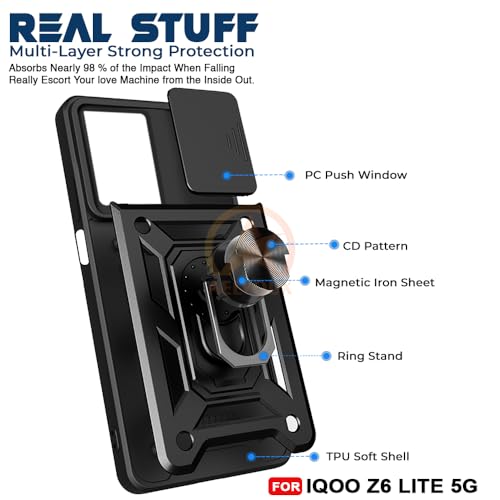 Image of Armor Bumper Back Cover Case for IQOO Z6 LITE 5G Rotating Camera Cover, Ring Holder & Kickstand | Heavy Duty & 360 Degree Protection IQOO Z6 LITE 5G Back Cover (Black)