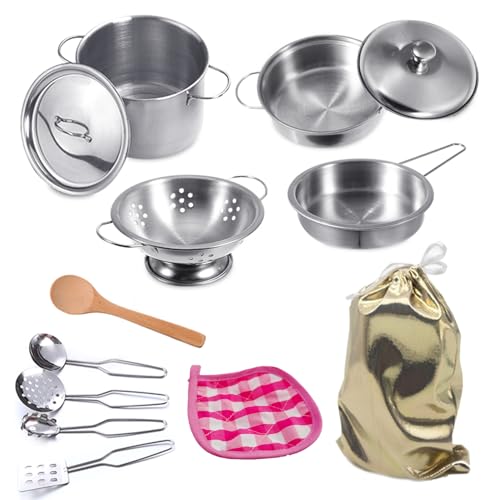 Mini Play Pots and Pans Toys for Kids Kitchen Playset Pretend Cookware Utensils Play Set Play Cooking Toys Mini Stainless Steel Cooking Utensils Toys...