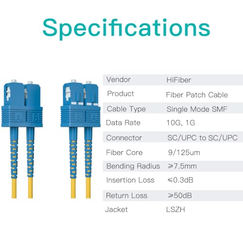 Image of 3m OS2 SC to SC Fiber Patch Cable, Single Mode Fiber Optic Cable, SMF Duplex SC-SC UPC, 9 /125um, LSZH, Yellow, for 1G /10G SMF SFP Transceiver, Networks