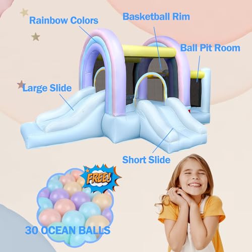 RETRO JUMP Marshmallow Rainbow Bounce House, Pastel Bouncer with Ball Play Room & Slide, 11.5ft L x 7.2ft W x 5.9ft H, UL Blower Included, Basketball Hoop, 30 Pastel Plastic Balls