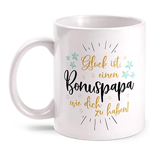 Fashionalarm Tasse Glück ist einen Bonuspapa wie Dich zu haben beidseitig Bedruckt mit Spruch Motiv | Geschenk-Idee für Papa Stiefpapa Vatertag, Weiß 330 ml